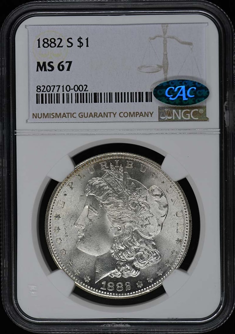 1882-S Morgan Dollar S$1 NGC MS67 (CAC): 1882-S Morgan Dollar S$1 NGC MS67 (CAC) The 1882-S Morgan Dollar S$1 NGC MS67 (CAC) boasts an impressive NGC certification, grading it as MS67, indicating exceptional condition. This uncirculated coin