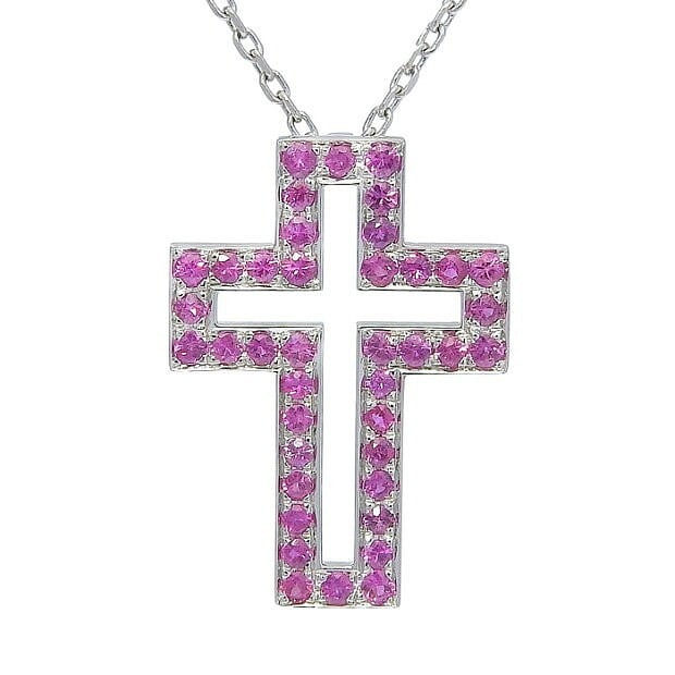 Pink Sapphire Cross Pendant Necklace Women 18k White Gold 16.3in Boucheron (1 of 8)