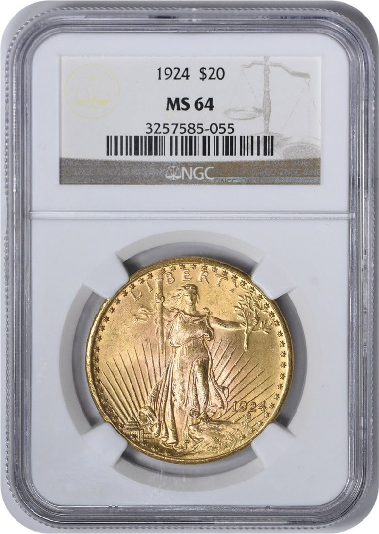 1924 $20 Gold St. Gaudens MS64 NGC: 1924 $20 Gold St. Gaudens MS64 NGC The 1924 $20 Gold St. Gaudens MS64 NGC features a stunning design by Augustus Saint Gaudens, with its 90% gold and 10% copper composition making it a unique blend of
