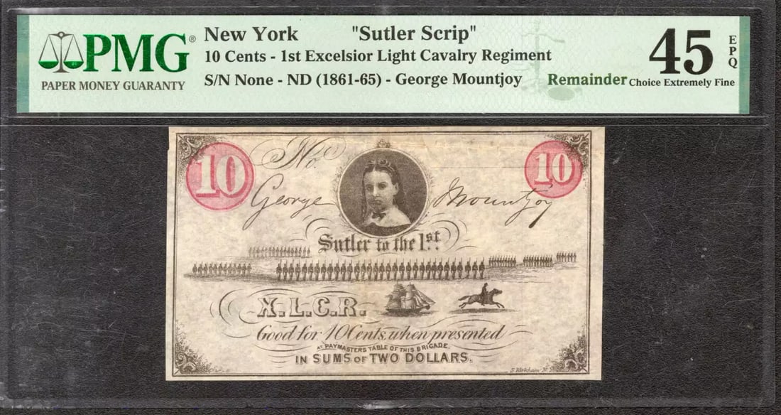 EXCELSIOR LIGHT CAVALRY REGIMENT NY SUTLER PMG XF 10 CENTS 1861: EXCELSIOR LIGHT CAVALRY REGIMENT NY SUTLER PMG XF 10 CENTS 1861 The EXCELSIOR LIGHT CAVALRY REGIMENT NY SUTLER PMG XF 10 CENTS 1861 is a circulated example from the ND series, bearing a PMG grade of 4