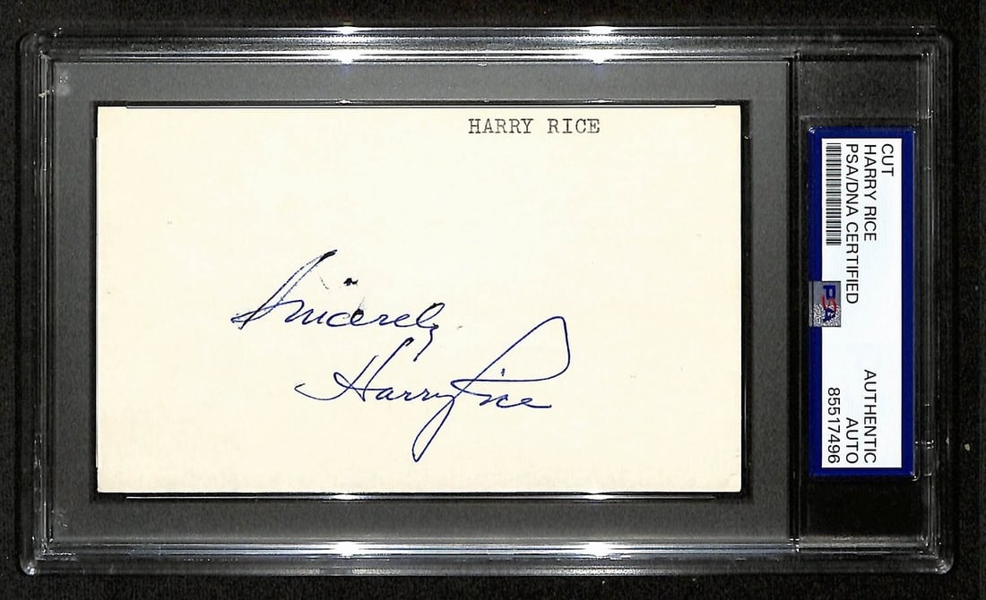 Harry Rice Signed/ Inscribed 3x5 Cut on Index Card NY Yankees PSA/ DNA 196979: Harry Rice Signed/ Inscribed 3x5 Cut on Index Card NY Yankees PSA/ DNA 196979 Harry Rice's signature on a 3x5 cut from an index card, bearing the PSA/DNA authentication number 196979, is a unique piec