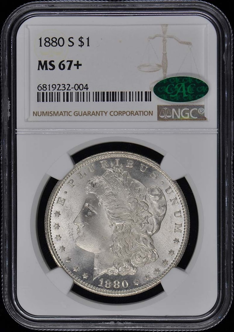 MS67+ S$1 CAC Morgan Dollar 1880-S: MS67+ S$1 CAC Morgan Dollar 1880-S MS67+ S$1 CAC Morgan Dollar 1880-S, graded by the Numismatic Guaranty Corporation (NGC) with a high level of detail and precision, showcases exceptional preservation