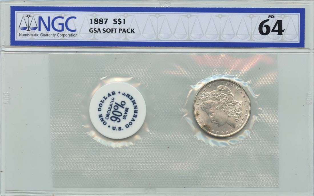 1887 Morgan Dollar GSA SOFT PACK S$1 NGC MS64: 1887 Morgan Dollar GSA SOFT PACK S$1 NGC MS64 Soft-packed and certified by the Numismatic Guaranty Corporation (NGC), this 1887 Morgan Dollar boasts an MS64 grade, indicating a high level of preservat