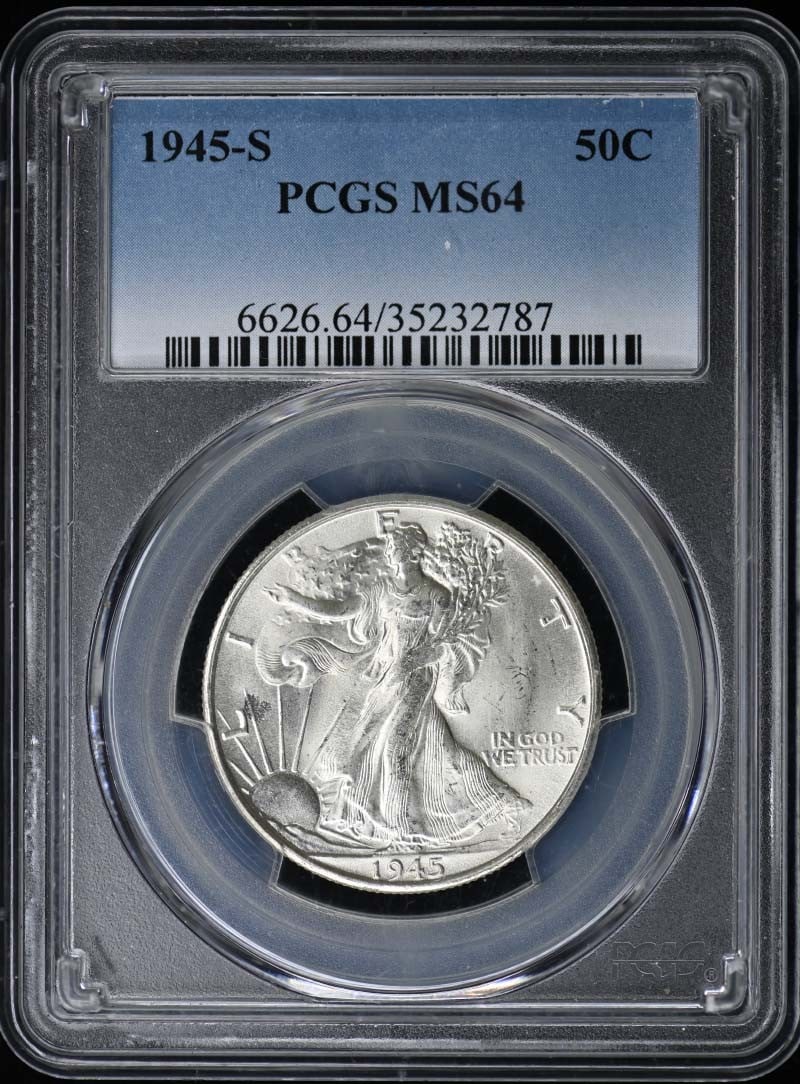 1945-S 50C Walking Liberty Half Dollar PCGS MS64: 1945-S 50C Walking Liberty Half Dollar PCGS MS64 The 1945-S Walking Liberty Half Dollar, certified MS64 by PCGS, showcases its exceptional condition with a high grade. This uncirculated coin was
