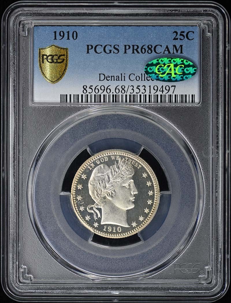 PCGS PR68CAM CAC 25C Barber Quarter 1910: PCGS PR68CAM CAC 25C Barber Quarter 1910 PCGS PR68CAM CAC 25C Barber Quarter 1910 - A highly graded, uncirculated example of the iconic Barber Quarter, boasting a PCGS PR68 grade and CAM designation. 