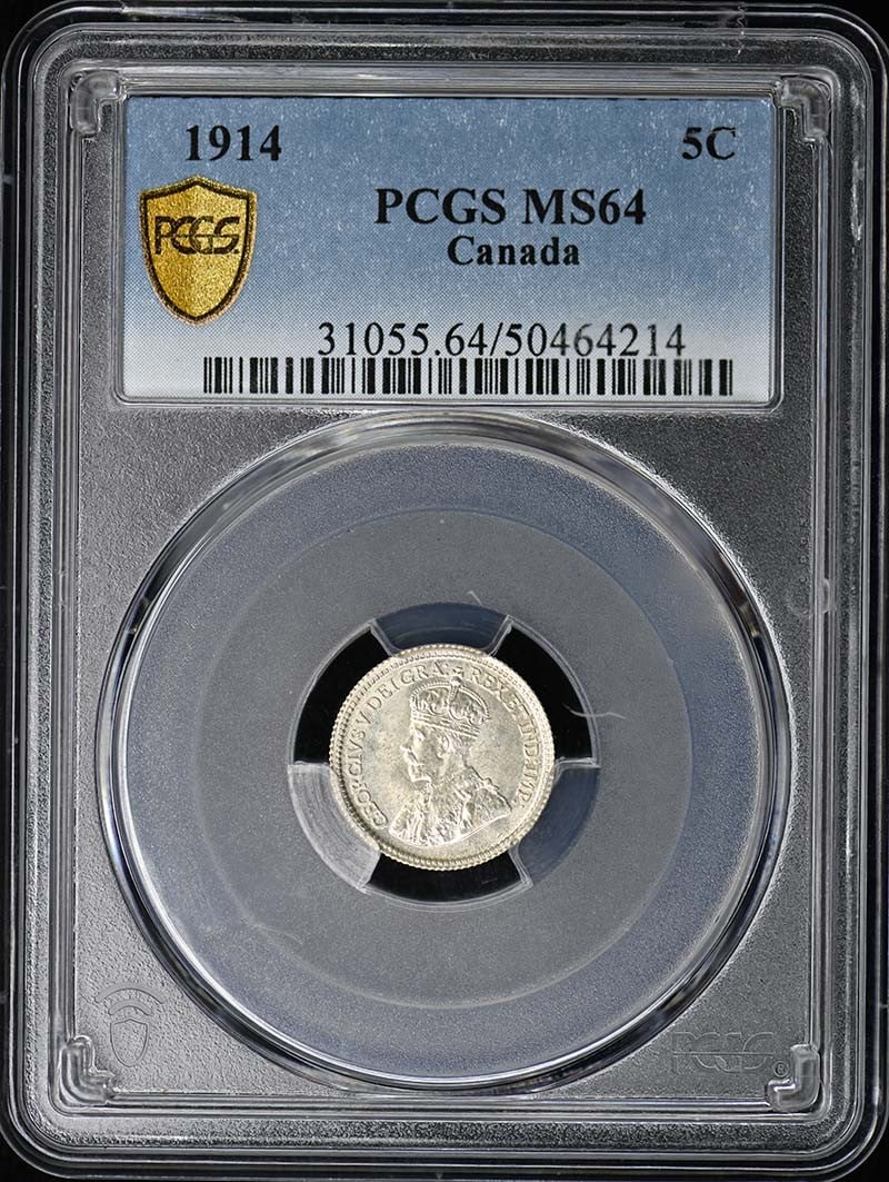 Canada 5C George V 1914 PCGS MS64: Canada 5C George V 1914 PCGS MS64 The Canada 5C George V 1914, certified MS64 by PCGS, boasts exceptional detail and luster in its uncirculated state. This coin's precise grade ensures a high level of
