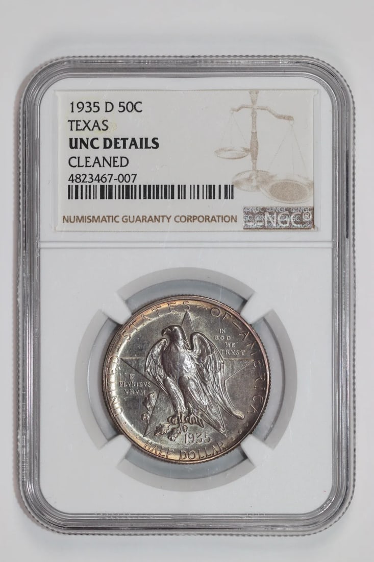 UNC NGC HALF DOLLAR TEXAS COMMEMORATIVE 1935-D NICE COLOR: UNC NGC HALF DOLLAR TEXAS COMMEMORATIVE 1935-D NICE COLOR This UNC NGC graded Half Dollar features a commemorative design from the Denver Mint, dated 1935-D. The coin's silver composition and
