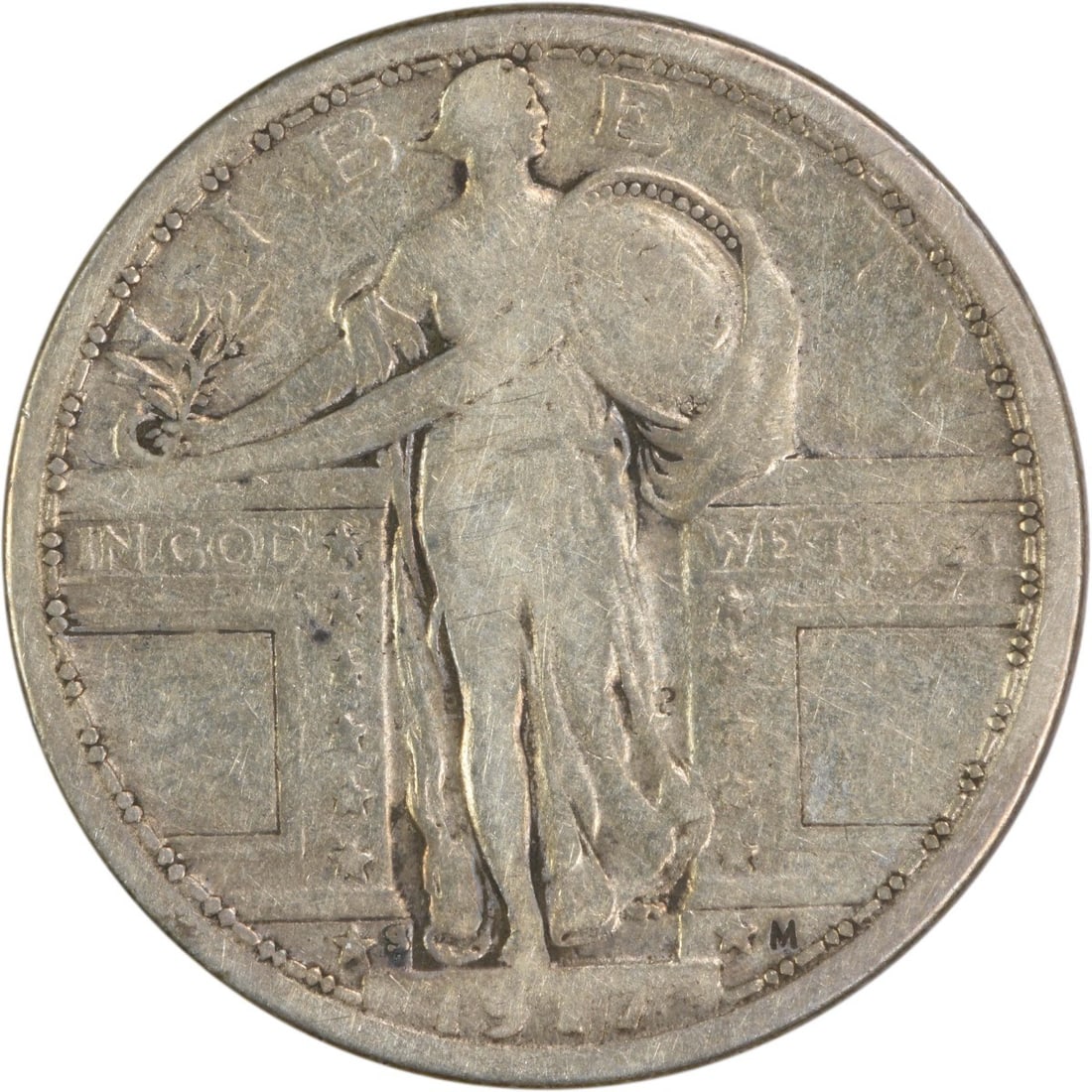 1917-S Standing Liberty Silver Quarter Type 1 VF Uncertified: 1917-S Standing Liberty Silver Quarter Type 1 VF Uncertified The 1917-S Standing Liberty Silver Quarter Type 1 features a distinctive design by Hermon A. Mac Neil, with its classic standing liberty fi