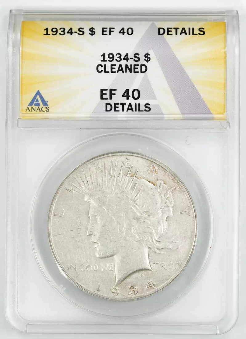 1934 S PEACE SILVER DOLLAR $1 ANACS CERTIFIED EF 40 EXTRA FINE DETAILS (047): 1934 S PEACE SILVER DOLLAR $1 ANACS CERTIFIED EF 40 EXTRA FINE DETAILS (047) The 1934 S Peace Silver Dollar, certified by ANACS as EF 40 Extra Fine, boasts intricate details that showcase its rich his