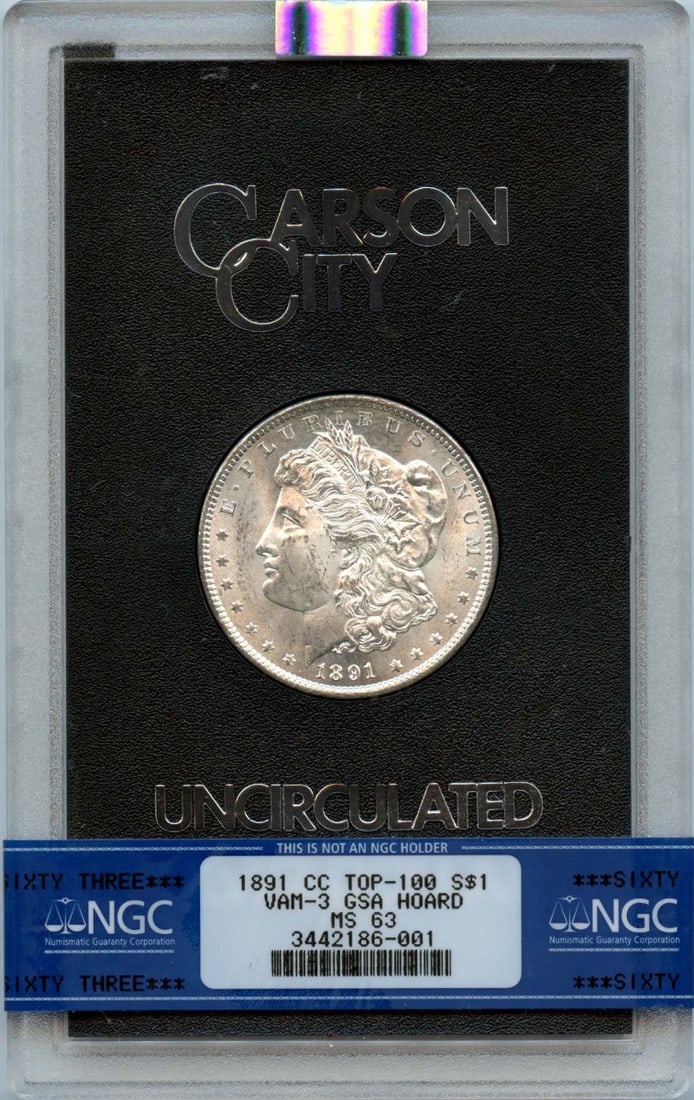 1891-CC TOP-100 Morgan Dollar VAM-3 GSA HOARD S$1 NGC MS63: 1891-CC TOP-100 Morgan Dollar VAM-3 GSA HOARD S$1 NGC MS63 The 1891-CC TOP-100 Morgan Dollar VAM-3 GSA HOARD S$1 NGC MS63 is an uncirculated coin with a high grade of MS63, certified by the Numismatic