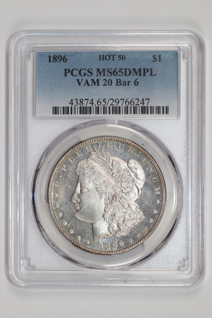 1896 VAM-20 "BAR 6" MORGAN DOLLAR PCGS MS65 DMPL - PCGS POP 1/ 0 - FINEST KNOWN: 1896 VAM-20 "BAR 6" MORGAN DOLLAR PCGS MS65 DMPL - PCGS POP 1/ 0 - FINEST KNOWN The 1896 VAM-20 "BAR 6" Morgan Dollar, graded MS65 by PCGS and bearing the distinction of being one of only a few known 