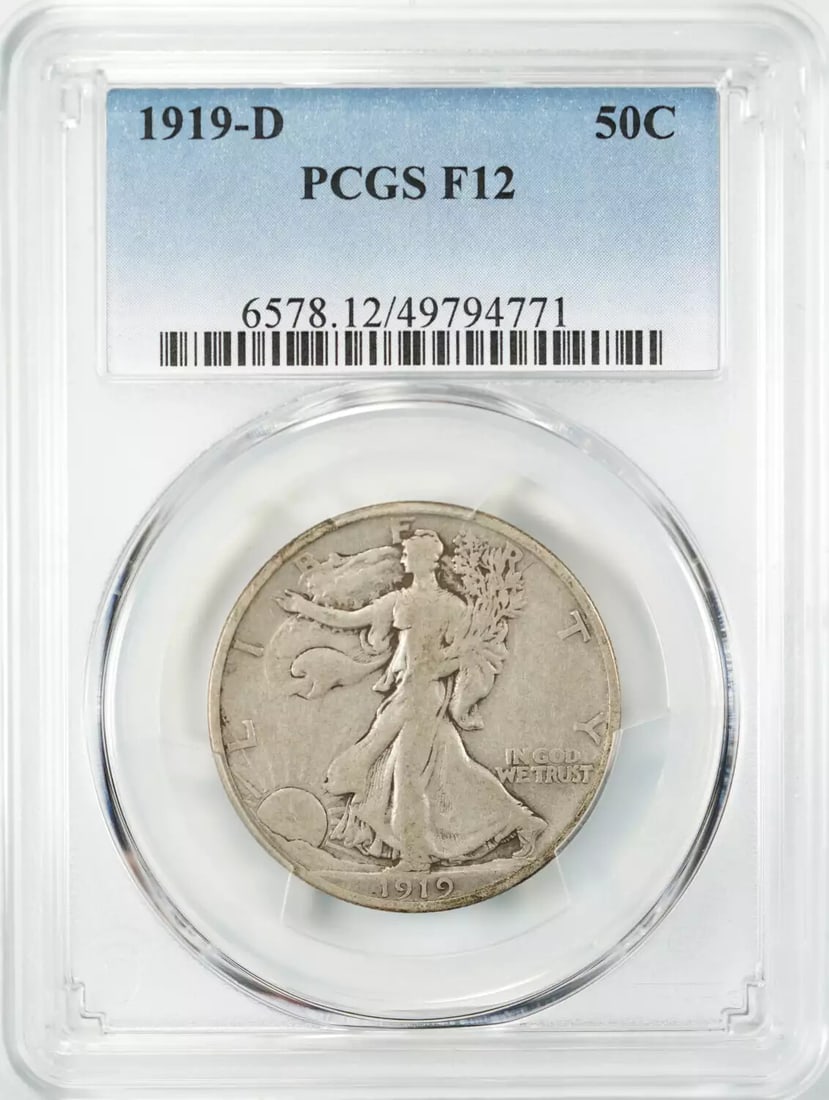 1919 D WALKING LIBERTY HALF DOLLAR 50C PCGS CERTIFIED F 12 FINE (771): 1919 D WALKING LIBERTY HALF DOLLAR 50C PCGS CERTIFIED F 12 FINE (771) The 1919 D Walking Liberty Half Dollar features the iconic design of Lady Liberty, symbolizing freedom and opportunity. Certified 