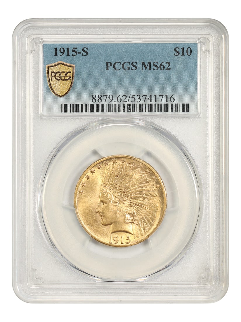 1915-S $10 PCGS MS62 - Indian $10 - Better Date S-Mint: 1915-S $10 PCGS MS62 - Indian $10 - Better Date S-Mint The 1915-S $10 PCGS MS62 Indian $10 boasts a striking San Francisco mint mark, underscoring its connection to the iconic Liberty Head design. Thi