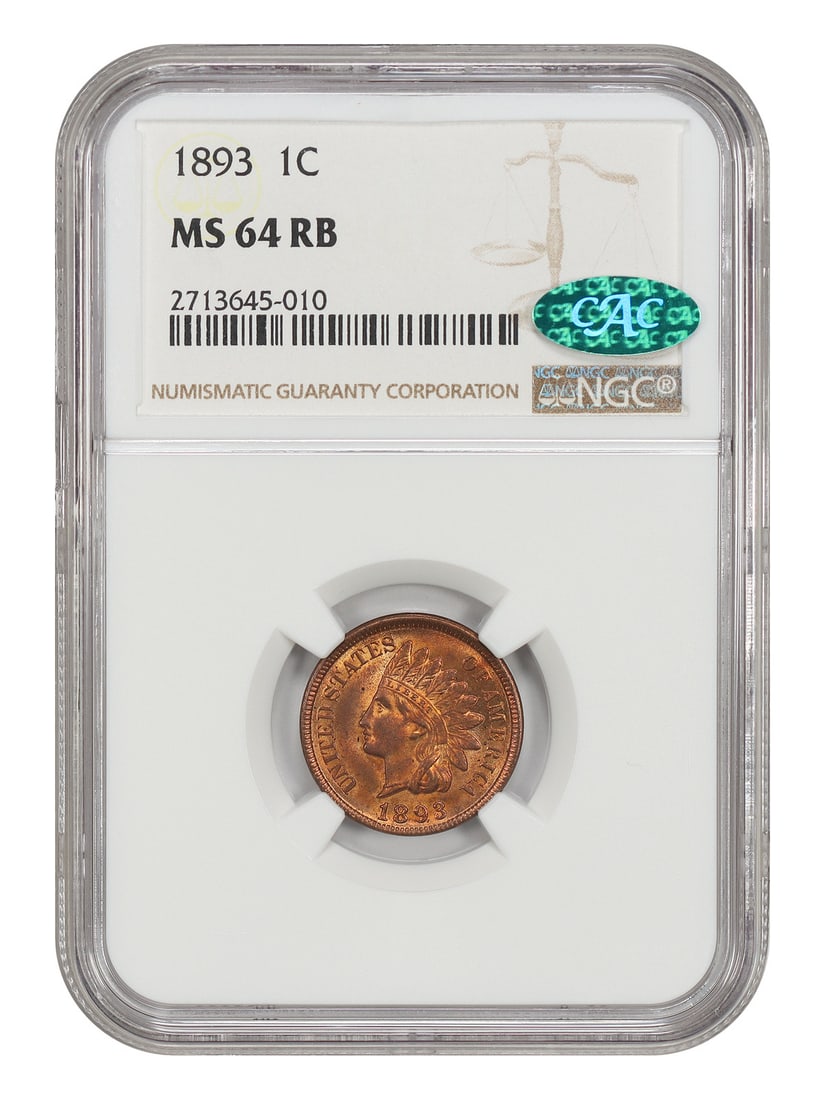MS64RB CAC Indian Cent 1C 1893: MS64RB CAC Indian Cent 1C 1893 MS64RB CAC Indian Cent 1C 1893 - A highly graded, uncirculated example of the 1893 Indian Head cent, boasting a rich RB color and a high MS64 grade from the CAC (Coin Au