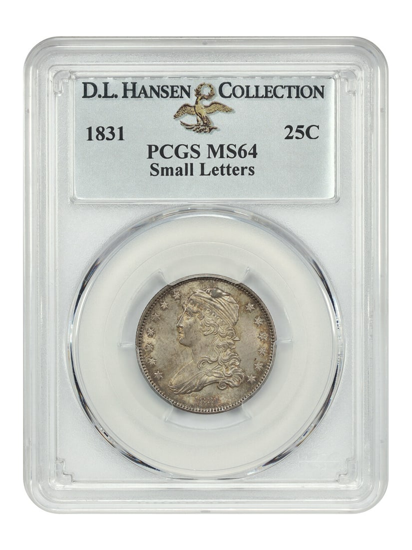 1831 25C PCGS MS64 (Small Letters) ex: D.L. Hansen: 1831 25C PCGS MS64 (Small Letters) ex: D.L. Hansen The 1831 Twenty-Cent Quarter, graded MS64 by PCGS, boasts exceptional detail and luster. As an ex-D.L. Hansen coin, it has been extensively studied