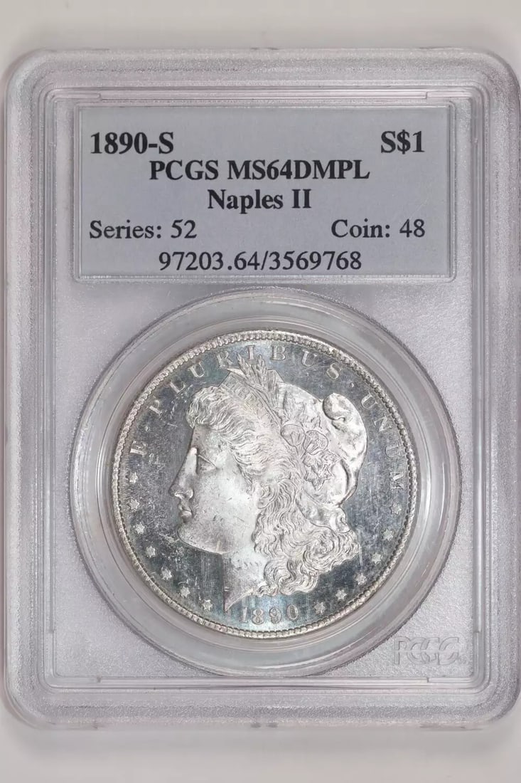 1890-S MORGAN DOLLAR PCGS MS64 DMPL - TOUGH DMPL: 1890-S MORGAN DOLLAR PCGS MS64 DMPL - TOUGH DMPL The 1890-S Morgan Dollar, graded MS64 by PCGS, boasts a striking appearance with its silver composition and San Francisco mint mark. This coin