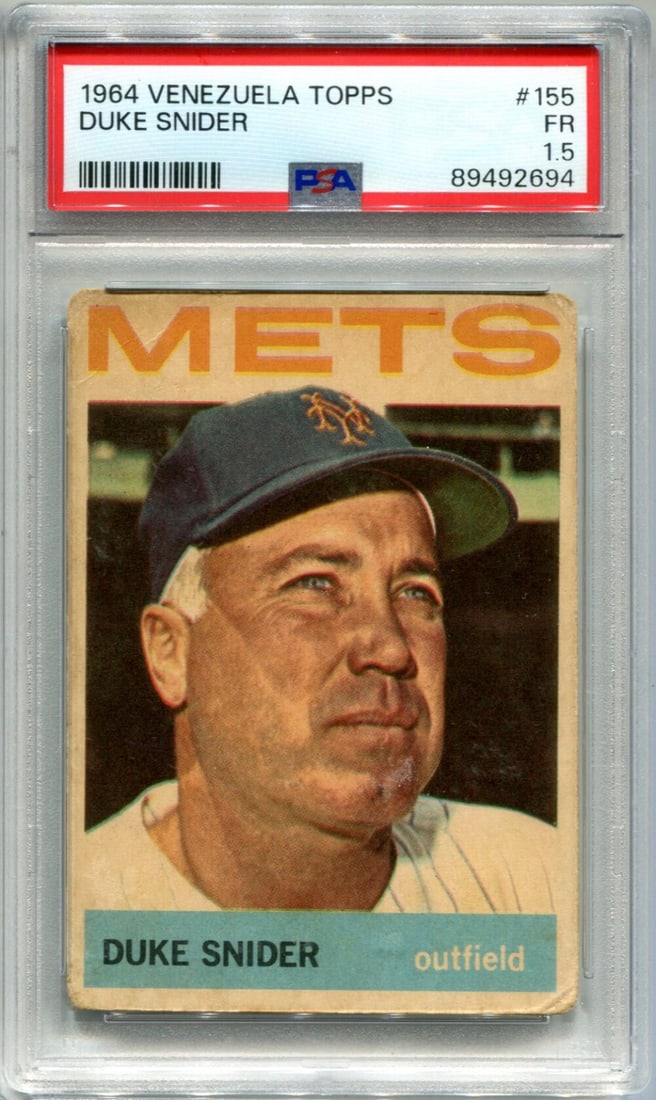 Snider Duke 1964 Venezuela Topps Card PSA 1.5: Snider Duke 1964 Venezuela Topps Card PSA 1.5 Duke Snider, the legendary Hall of Fame center fielder, shines brightly on this 1964 Venezuela Topps card. Featuring a PSA-graded 1.5 rating, this card sh