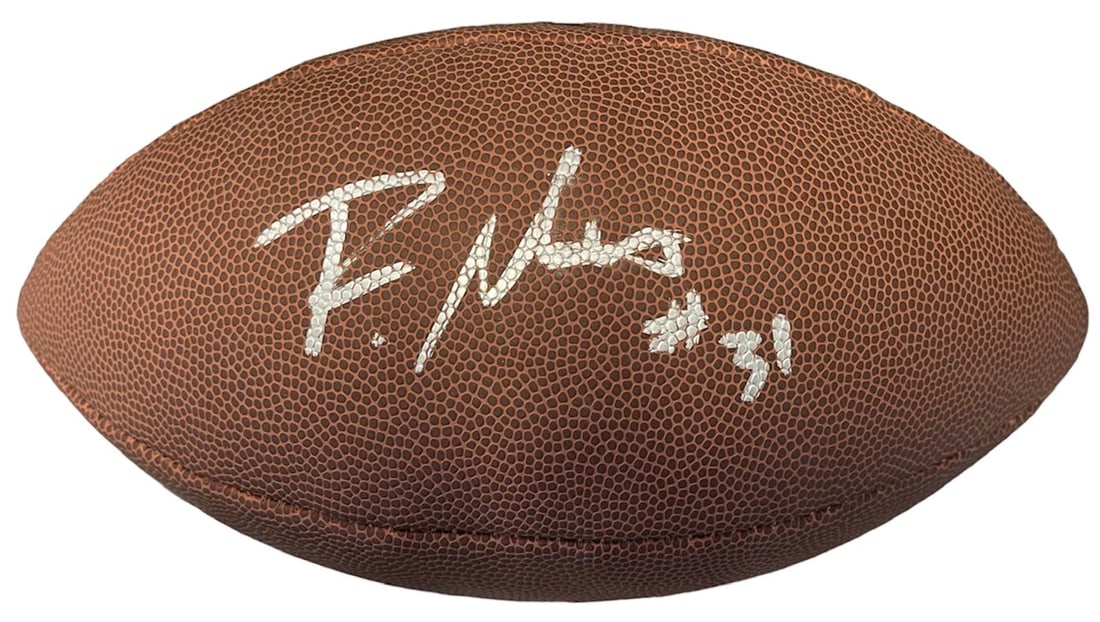 Mostert Football Beckett Autographed: Mostert Football Beckett Autographed Signed by Raheem Mostert in silver paint pen, this Beckett Professional Grader authenticated football showcases the NFL running back's unique mark. The item comes