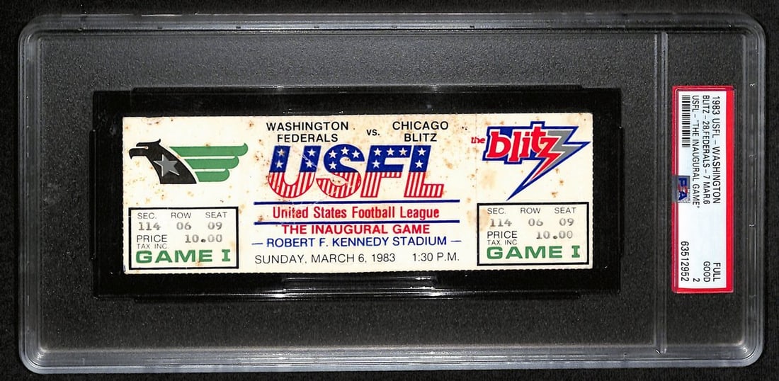 1983 USFL Inaugural Game Washington v Chicago Full Ticket PSA 2 PSA/ DNA 194080: 1983 USFL Inaugural Game Washington v Chicago Full Ticket PSA 2 PSA/ DNA 194080 Item Specifics: Sport: Football Year: 1983 Product Disclaimer: Not affiliated with any team or league. Signatures are un