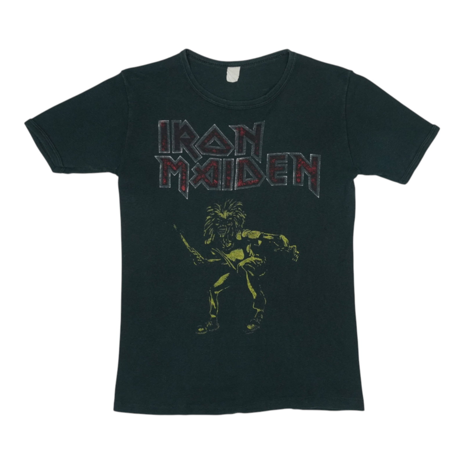 Maiden Shirt 1980 Iron: Maiden Shirt 1980 Iron Original 1980 Iron Maiden Shirt. This vintage 100% cotton black shirt features a classic design with a 17-inch pit-to-pit length and 24-inch collar-to-hem front, making it a gre