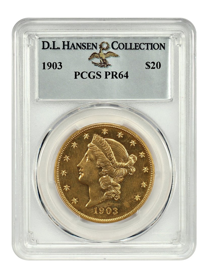 1903 $20 PCGS PR64 ex: D.L. Hansen - Liberty Head $20: 1903 $20 PCGS PR64 ex: D.L. Hansen - Liberty Head $20 The 1903 $20 PCGS PR64 ex: D.L. Hansen Liberty Head $20 coin boasts an impressive grade of PR64, indicating exceptional preservation and condition