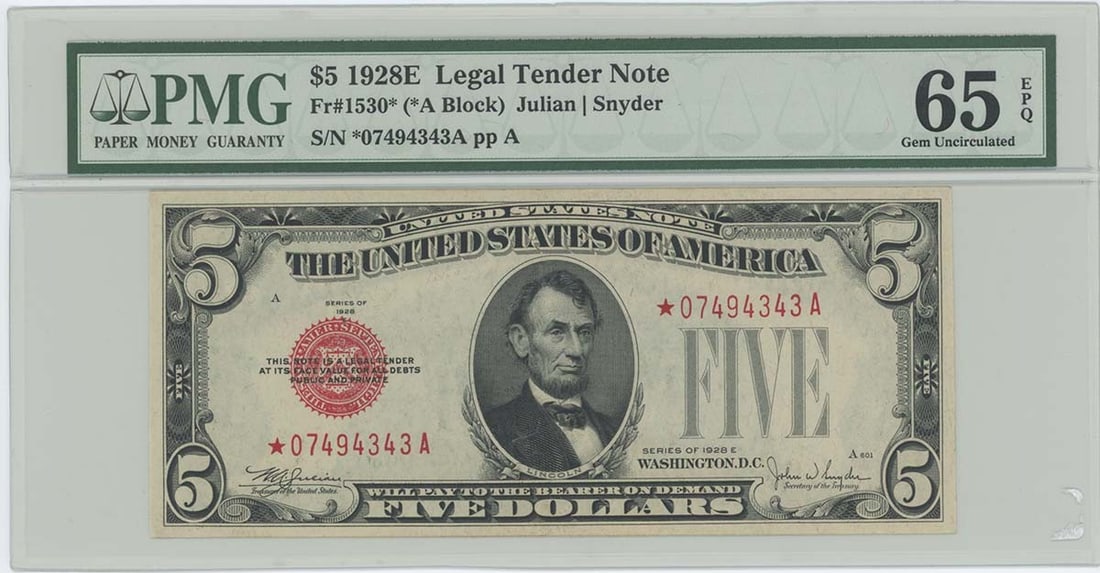 1928E $5 Legal Tender FR#1530* PMG 65 Gem UNC EPQ Star: 1928E $5 Legal Tender FR#1530* PMG 65 Gem UNC EPQ Star The 1928E $5 Legal Tender note, graded MS65 by PMG, boasts exceptional condition with no signs of wear. This circulated/ununcirculated gem featur