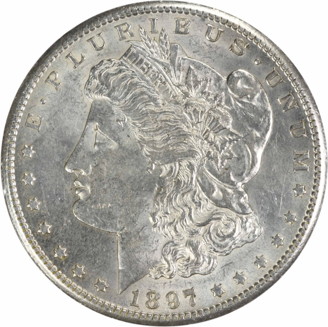 Silver Dollar Morgan AU Slider Uncertified 1897: Silver Dollar Morgan AU Slider Uncertified 1897 The 1897 Silver Dollar Morgan AU Slider Uncertified features a striking design by George T. Morgan, with its reeded edge and classic $1 denomination. Ma