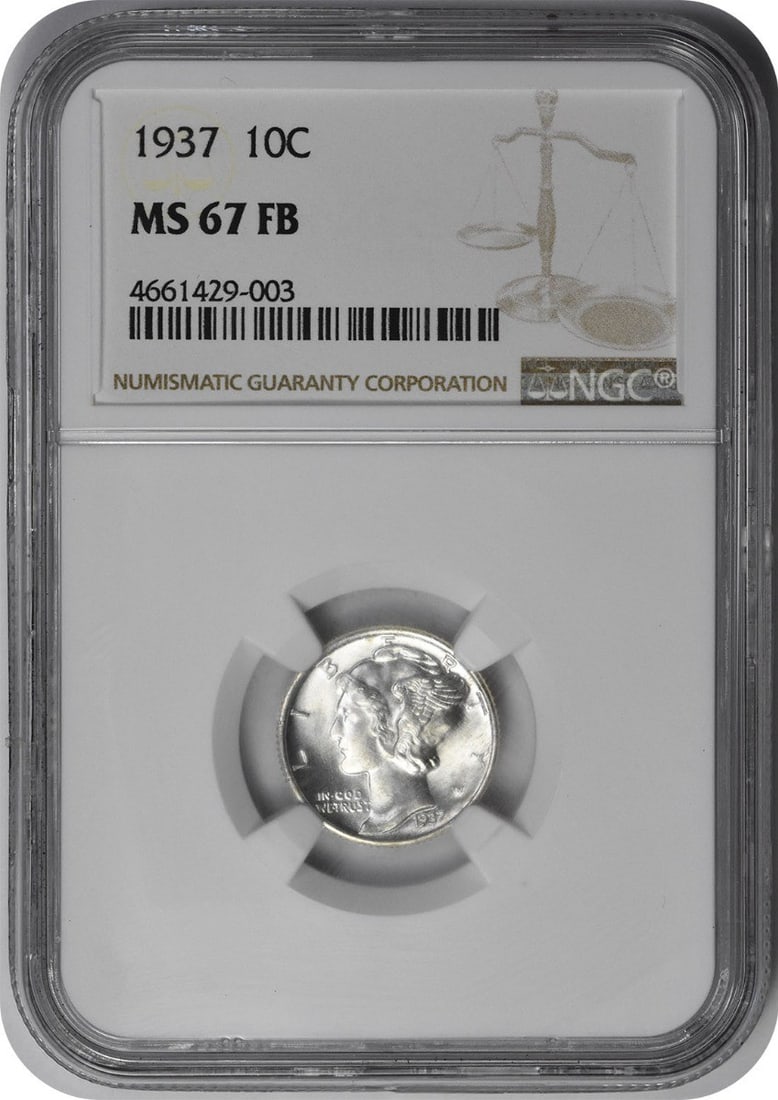1937 Mercury Silver Dime MS67FB NGC: 1937 Mercury Silver Dime MS67FB NGC The 1937 Mercury Silver Dime MS67FB NGC is a highly detailed and precise coin, certified by the Numismatic Guaranty Corporation (NGC) as being in uncirculated