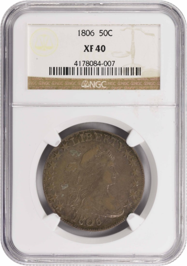 1806 Bust Silver Half Dollar Pointed 6 No Stem O-109A EF40 NGC: 1806 Bust Silver Half Dollar Pointed 6 No Stem O-109A EF40 NGC The 1806 Bust Silver Half Dollar Pointed 6 No Stem O-109A EF40 NGC boasts an impressive EF40 grade, indicating exceptional condition for 