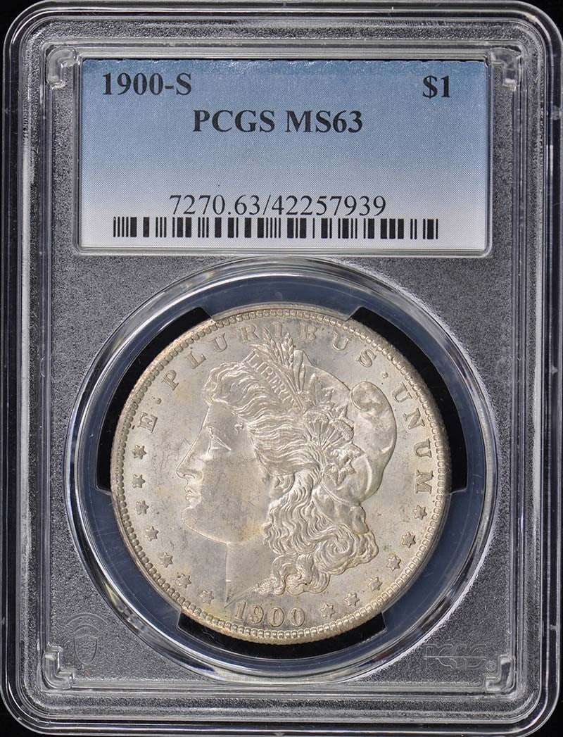 1900-S $1 Morgan Dollar PCGS MS63: 1900-S $1 Morgan Dollar PCGS MS63 The 1900-S $1 Morgan Dollar, graded MS63 by PCGS, showcases exceptional detail and luster. This uncirculated coin bears the iconic design of Augustus Saint-Gaudens, m