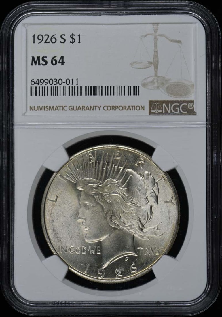 1926-S Peace Dollar S$1 NGC MS64: 1926-S Peace Dollar S$1 NGC MS64 The 1926-S Peace Dollar S$1 NGC MS64 is an uncirculated coin featuring the iconic design of the Peace Dollar, minted in San Francisco. This coin boasts a high grade of
