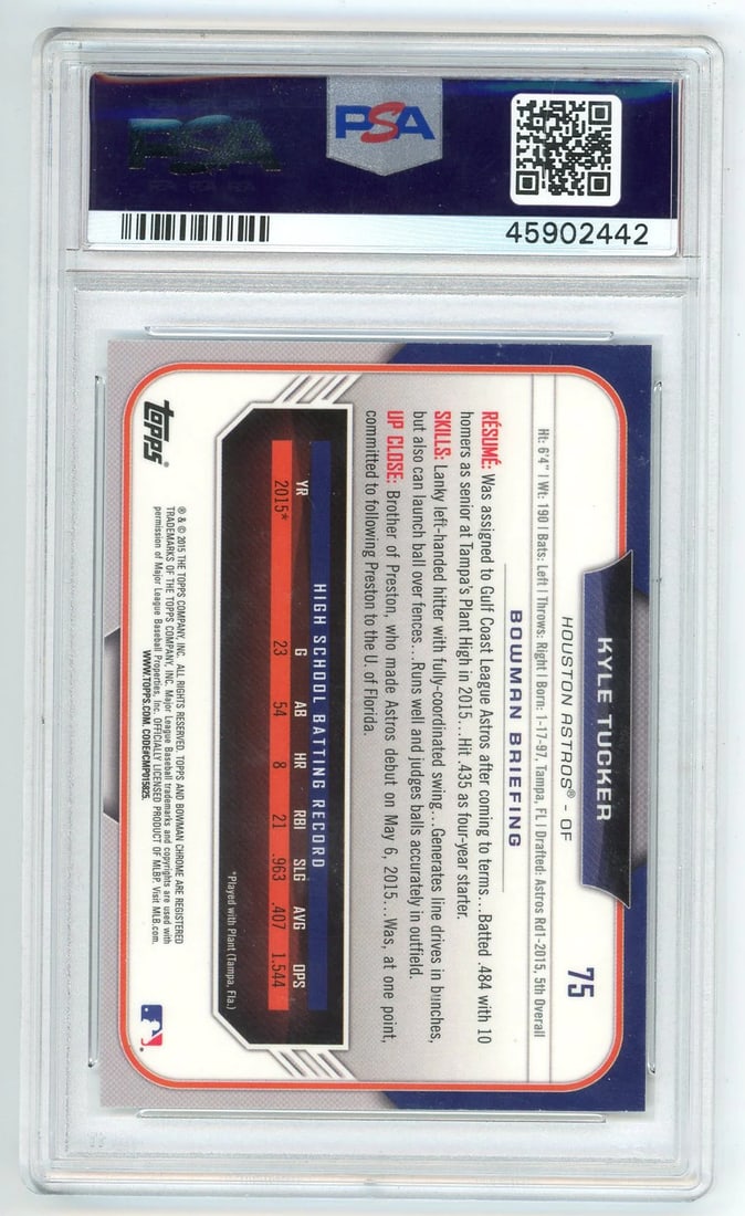 Chrome Draft Bowman 2015 Tucker Kyle #75 10: Chrome Draft Bowman 2015 Tucker Kyle #75 10 Topps Kyle Tucker 2015 Bowman Draft Chrome #75 PSA 10 - A highly graded, mint condition baseball card featuring rookie sensation Kyle Tucker in his Bowman D