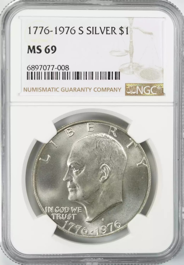 1976 S EISENHOWER IKE DOLLAR $1 SILVER NGC CERTIFIED MS 69 MINT STATE UNC (008): 1976 S EISENHOWER IKE DOLLAR $1 SILVER NGC CERTIFIED MS 69 MINT STATE UNC (008) The 1976 Eisenhower Dollar, certified MS 69 by the Numismatic Guaranty Corporation (NGC), boasts exceptional mint state 