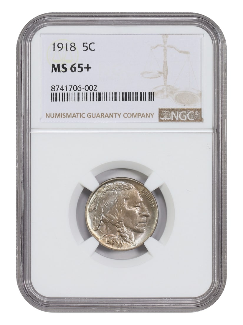 1918 5C NGC MS65+ - Buffalo Nickel: 1918 5C NGC MS65+ - Buffalo Nickel The 1918 Buffalo Nickel, graded MS65+ by the Numismatic Guaranty Corporation (NGC), boasts exceptional mint state condition with subtle nuances in its high-grade app