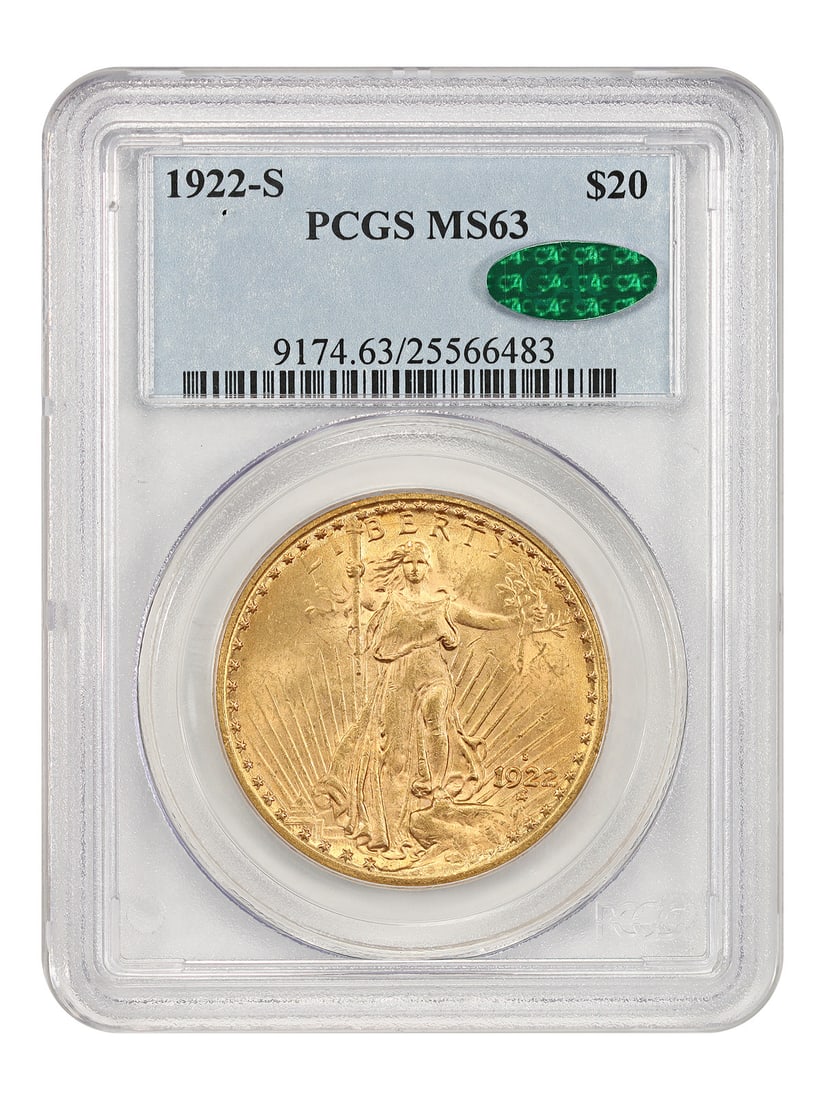 1922-S $20 PCGS/ CAC MS63 - St. Gaudens $20 - Scarce Date: 1922-S $20 PCGS/ CAC MS63 - St. Gaudens $20 - Scarce Date The 1922-S $20 St. Gaudens gold coin is a scarce date, making it highly sought after by collectors. This PCGS/ CAC MS63 certified coin feature