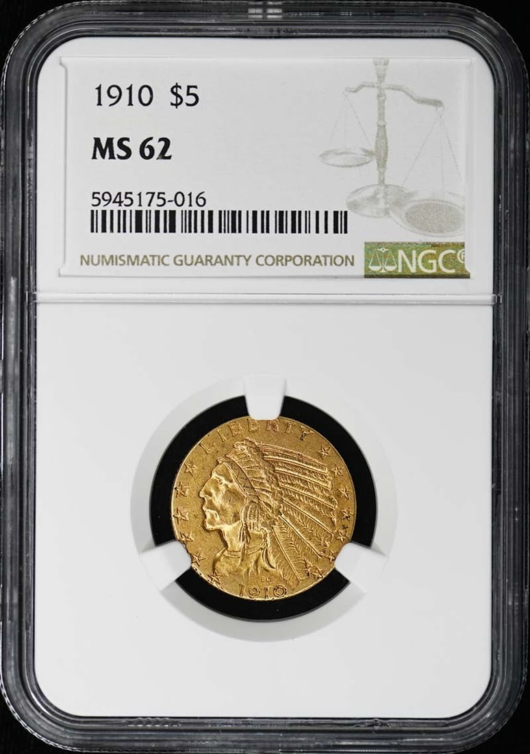 Indian $5 NGC MS62: Indian $5 NGC MS62 The NGC MS62 Indian $5 coin features a striking design from the Philadelphia Mint, dated 1910. With its high grade of MS62, this coin showcases exceptional condition and detail. Cer