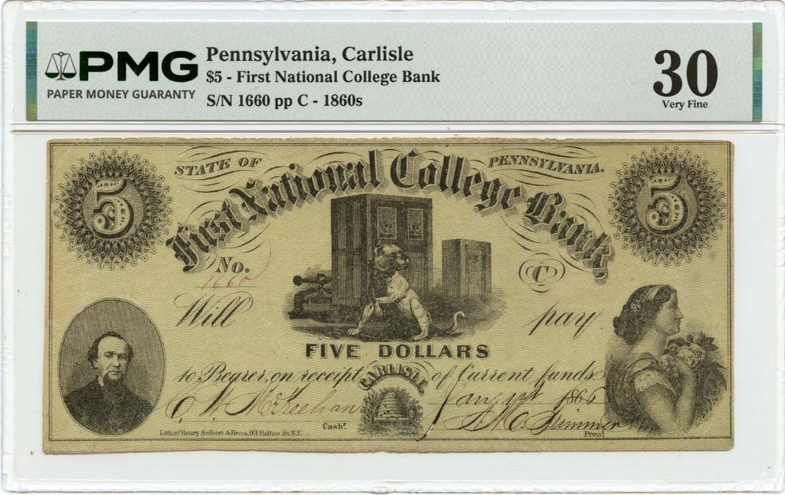 $5 Carlisle Pennsylvania 1866 Obsolete Note First National College Bank: $5 Carlisle Pennsylvania 1866 Obsolete Note First National College Bank Carlisle, Pennsylvania's First National College Bank issued this $5 note in 1866. The PMG Certification Number and Grade VF30 in