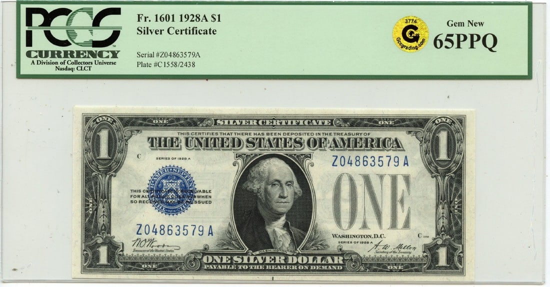 $1 1928A Silver Certificate FR#1601 PCGS GEM PPQ GCC Gold: $1 1928A Silver Certificate FR#1601 PCGS GEM PPQ GCC Gold The 1928A Silver Certificate, FR#1601, boasts a stunning PCGS GEM PPQ GCC Gold grade of MS65. This uncirculated note features the distinctive 