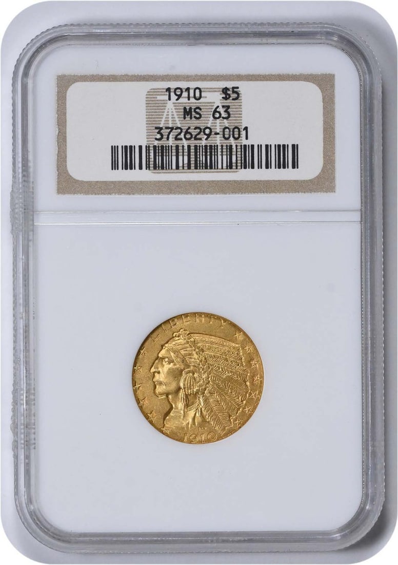 $5 MS63 Gold Indian 1910: $5 MS63 Gold Indian 1910 MS63 Gold Indian 1910 coins are highly detailed and feature intricate designs. This particular coin, certified by NGC as Uncirculated, boasts a rich gold composition with a di