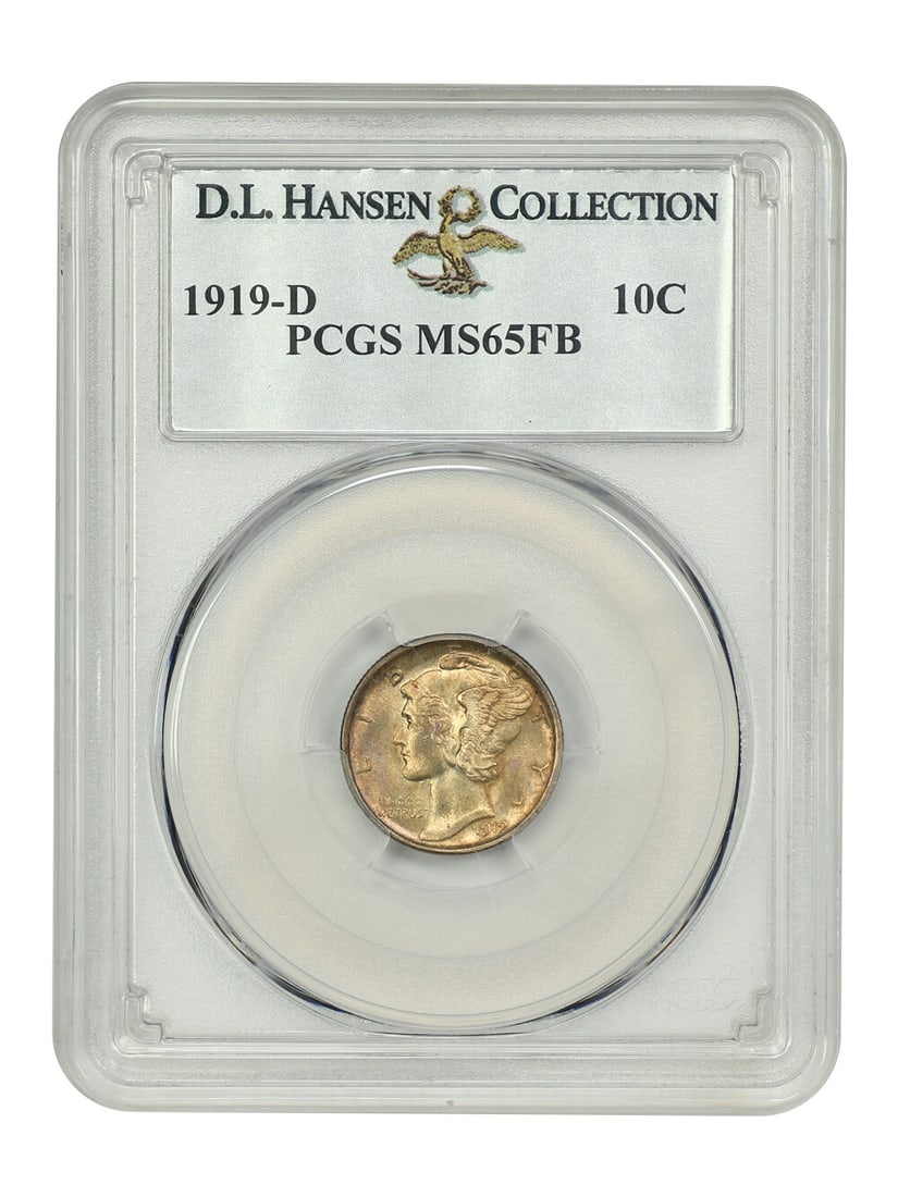 1919-D 10C PCGS MS65FB ex: D.L. Hansen: 1919-D 10C PCGS MS65FB ex: D.L. Hansen 1919-D 10C PCGS MS65FB ex: D.L. Hansen - A highly graded Mercury dime with a striking appearance, this coin boasts an MS65 grade from the Professional Coin