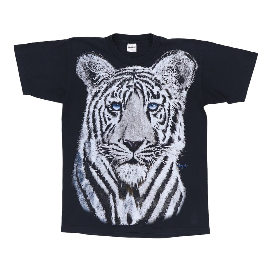 1997 White Tiger Shirt: 1997 White Tiger Shirt Large, vintage White Tiger Shirt from 1997 features front and back graphics on 100% cotton material. Measuring 28" collar to hem and 21" pit to pit, this black shirt is in good