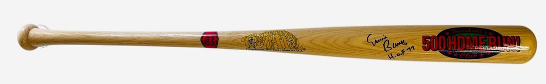 Autographed Bat from Ernie Banks 500 Homerun Club Cooperstown: Autographed Bat from Ernie Banks 500 Homerun Club Cooperstown Authentic Ernie Banks 500 Homerun Club Cooperstown Bat. Signed in blue sharpie across the barrel with inscription "HOF 77". Brought to you