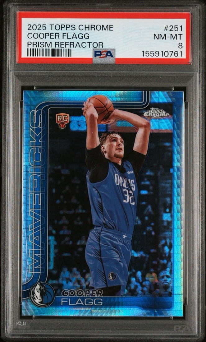 CHROME ROOKIE TOPPS 2025 COOPER FLAGG #251 REFRACTOR PRISM PSA 8: CHROME ROOKIE TOPPS 2025 COOPER FLAGG #251 REFRACTOR PRISM PSA 8 PSA 8 Refractor Prism Card #251 Cooper Flagg, a standout addition to your Dallas Mavericks collection from the 2025-26 Topps Chrome set