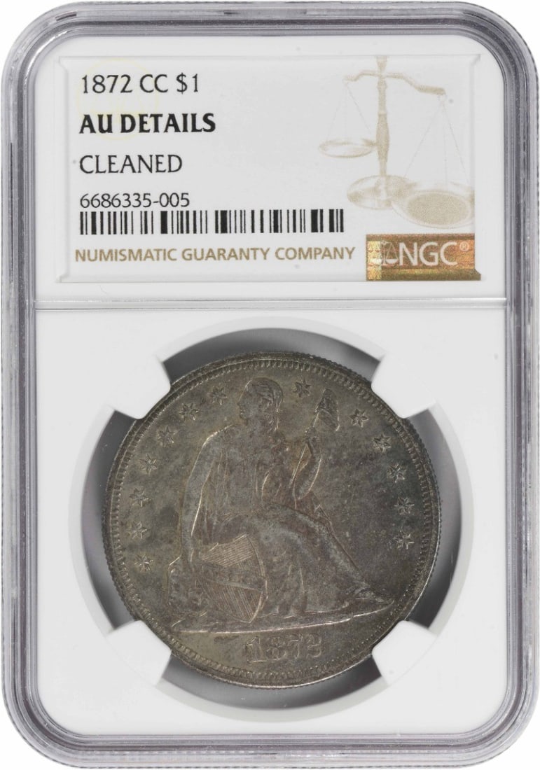 1872-CC Liberty Seated Silver Dollar Genuine (AU Details - Cleaned) NGC: 1872-CC Liberty Seated Silver Dollar Genuine (AU Details - Cleaned) NGC The 1872-CC Liberty Seated Silver Dollar features Christian Gobrecht's iconic design, showcasing Seated Liberty on the obverse a