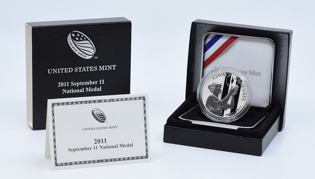 2011 September 11 National Medal 1 oz. Silver in Original Government Packaging: 2011 September 11 National Medal 1 oz. Silver in Original Government Packaging This 2011 September 11 National Medal is an uncirculated, 1 oz. silver medal in its original government packaging, showca