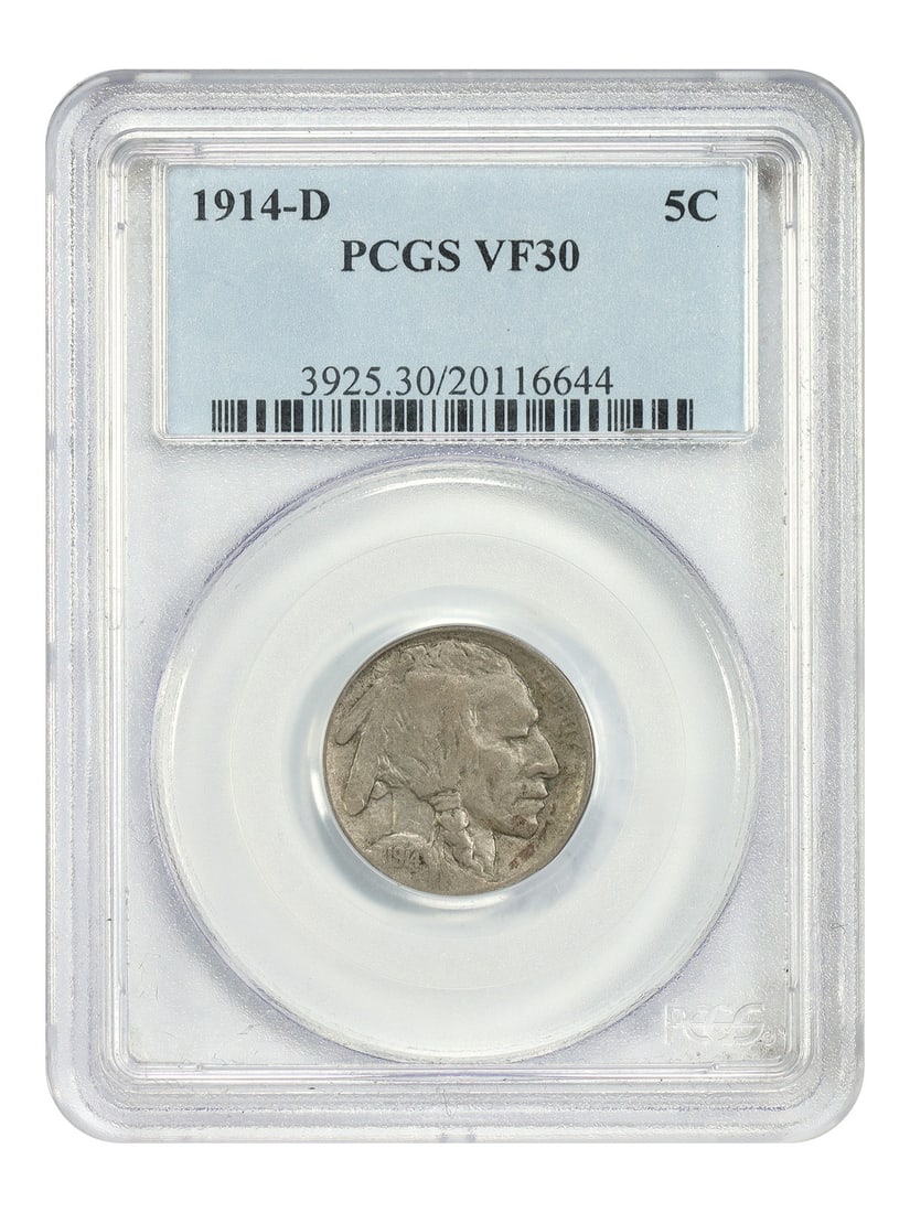 1914-D 5C PCGS VF30 - Buffalo Nickel: 1914-D 5C PCGS VF30 - Buffalo Nickel The 1914-D Buffalo Nickel, graded PCGS VF30, showcases the iconic design of the Liberty Head nickel from its Denver minting. This circulated coin features a rich h