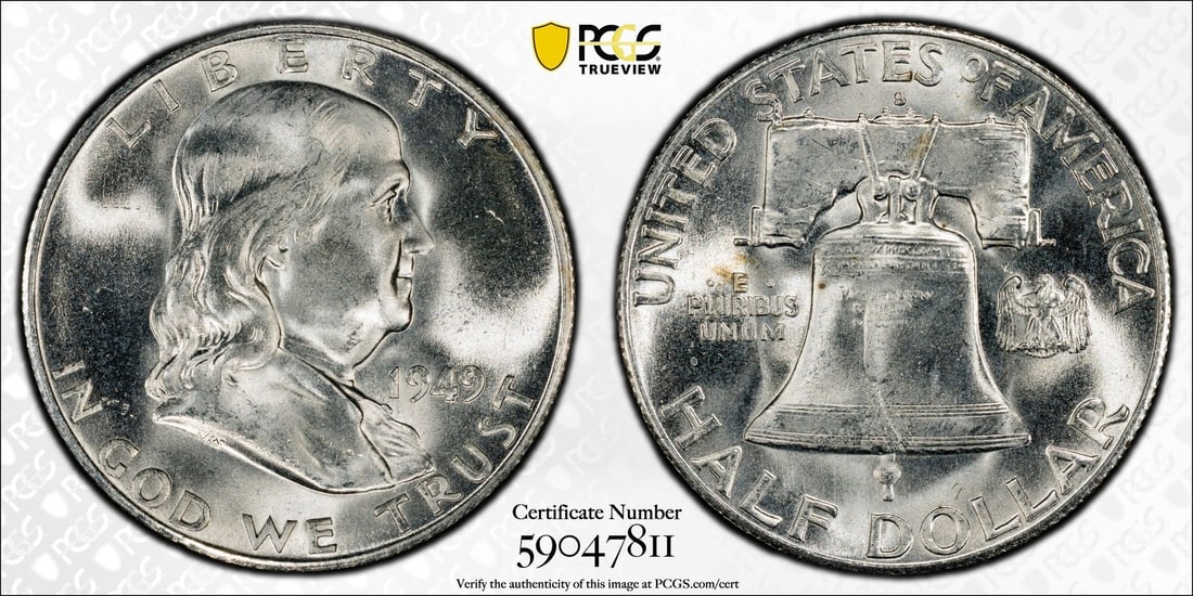 1949 S FRANKLIN HALF DOLLAR 50C PCGS MS 65 FBL UNC FULL BELL LINES - WHITE! (811: 1949 S FRANKLIN HALF DOLLAR 50C PCGS MS 65 FBL UNC FULL BELL LINES - WHITE! (811 PCGS MS 65 FBL UNC FULL BELL LINES - WHITE, a rare and highly detailed example of the 1949 Franklin half dollar, boasts