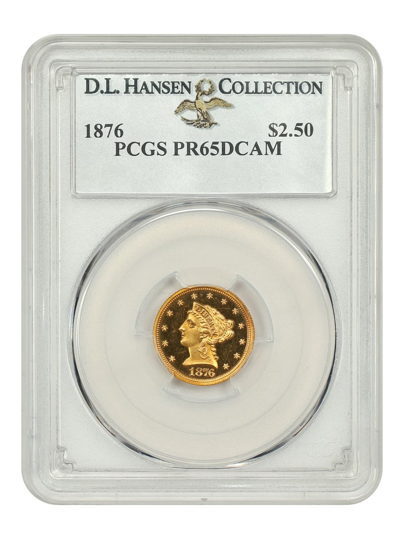 1876 $2.50 PCGS PR65DCAM ex: D.L. Hansen - Liberty Head $2.5: 1876 $2.50 PCGS PR65DCAM ex: D.L. Hansen - Liberty Head $2.5 1876 $2.50 PCGS PR65DCAM ex: D.L. Hansen - Liberty Head $2.5. This uncirculated $2.50 coin from 1876 boasts a high grade of PR65DCAM, certi