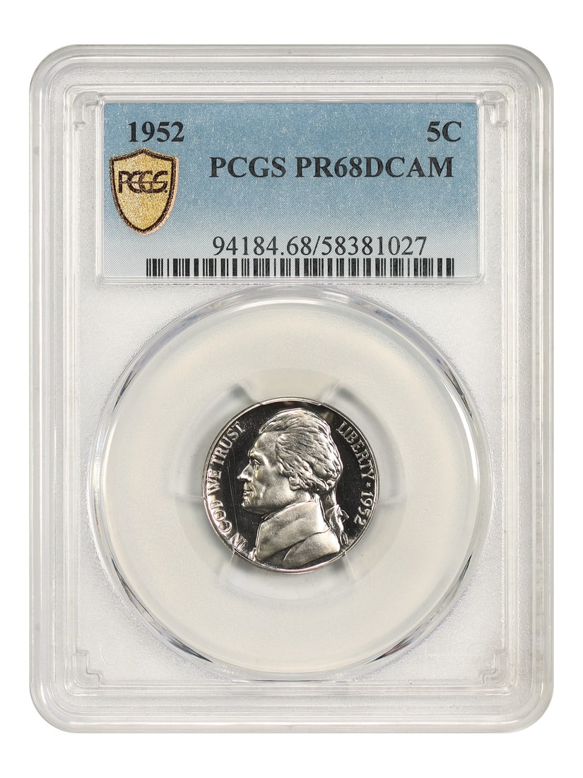 PCGS PR68DCAM Jefferson Nickel 5C 1952: PCGS PR68DCAM Jefferson Nickel 5C 1952 The PCGS PR68DCAM Jefferson Nickel 5C 1952 boasts an impressive grade, showcasing its exceptional condition and mint state quality. This uncirculated coin featur
