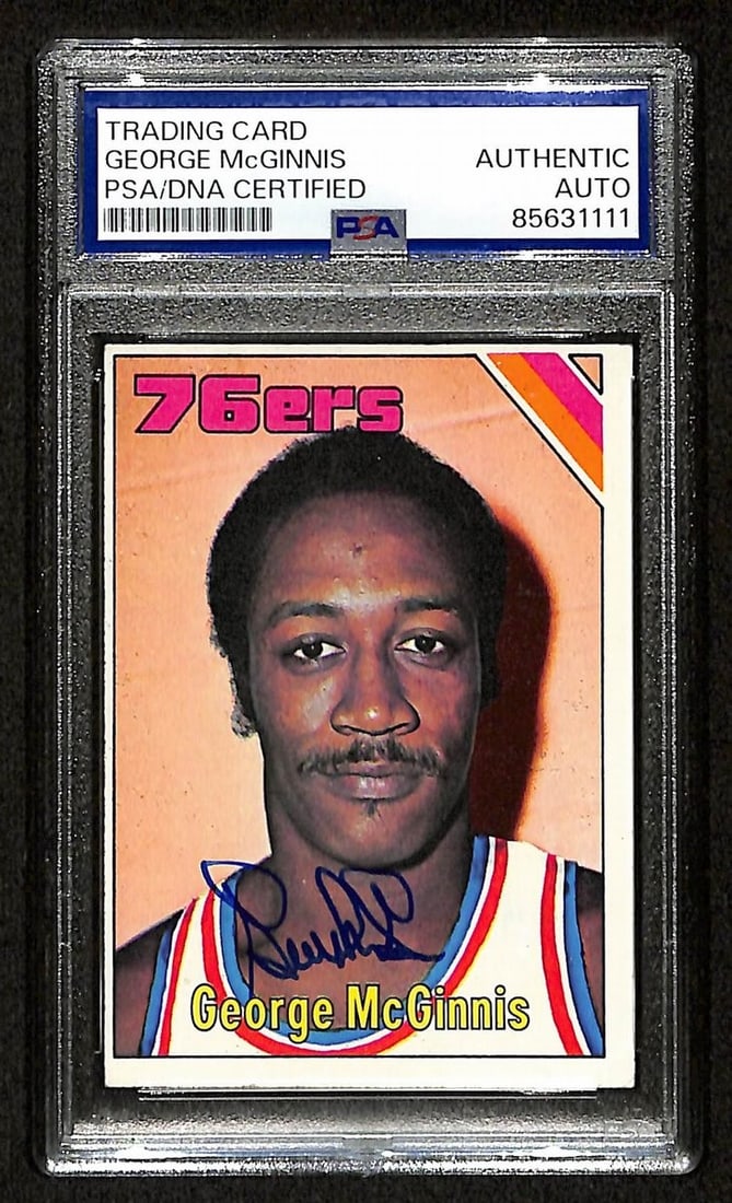 George McGinnis HOF Signed 1975-76 TOPPS Card #184 76ers PSA/ DNA 200447: George McGinnis HOF Signed 1975-76 TOPPS Card #184 76ers PSA/ DNA 200447 Item Specifics: Original/Reprint: Original Product: Photo Product Disclaimer: Not affiliated with any team or league. Signature